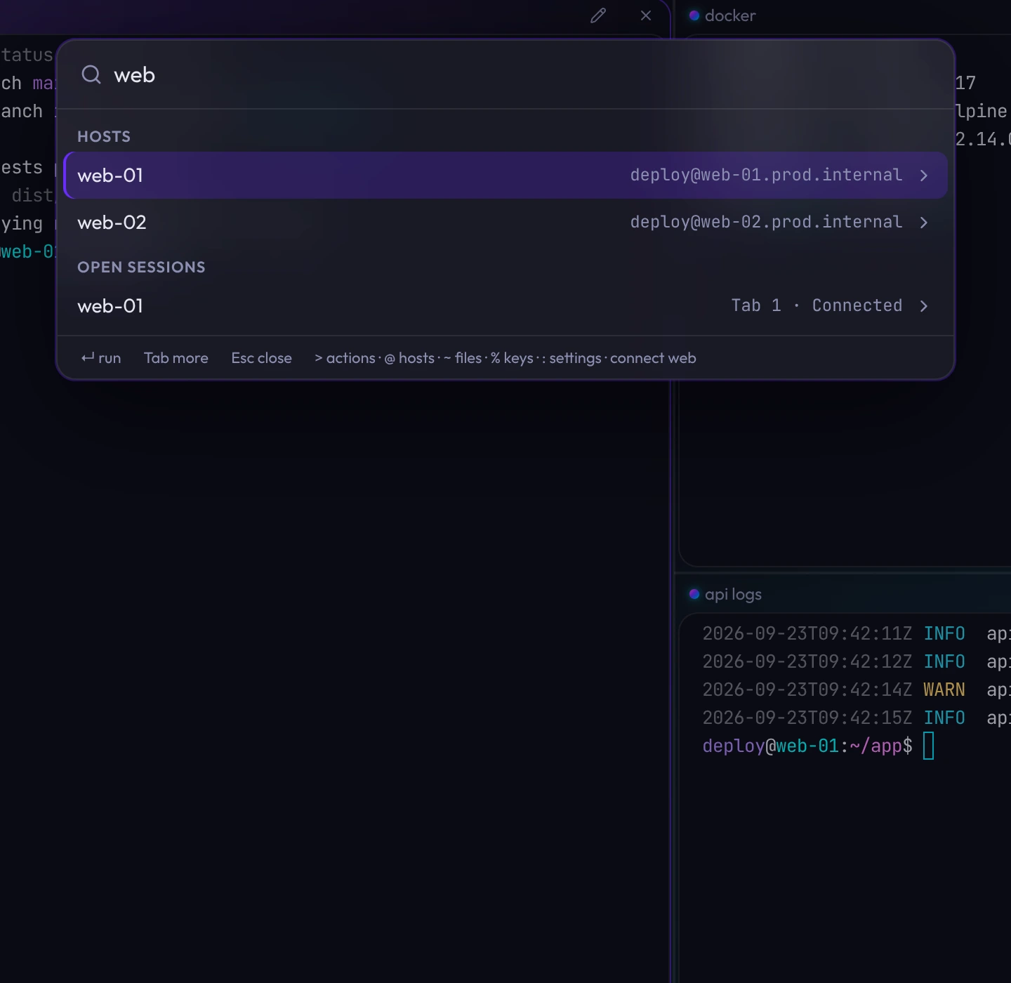 The Command Center searching for "web", showing matching hosts and an open session.