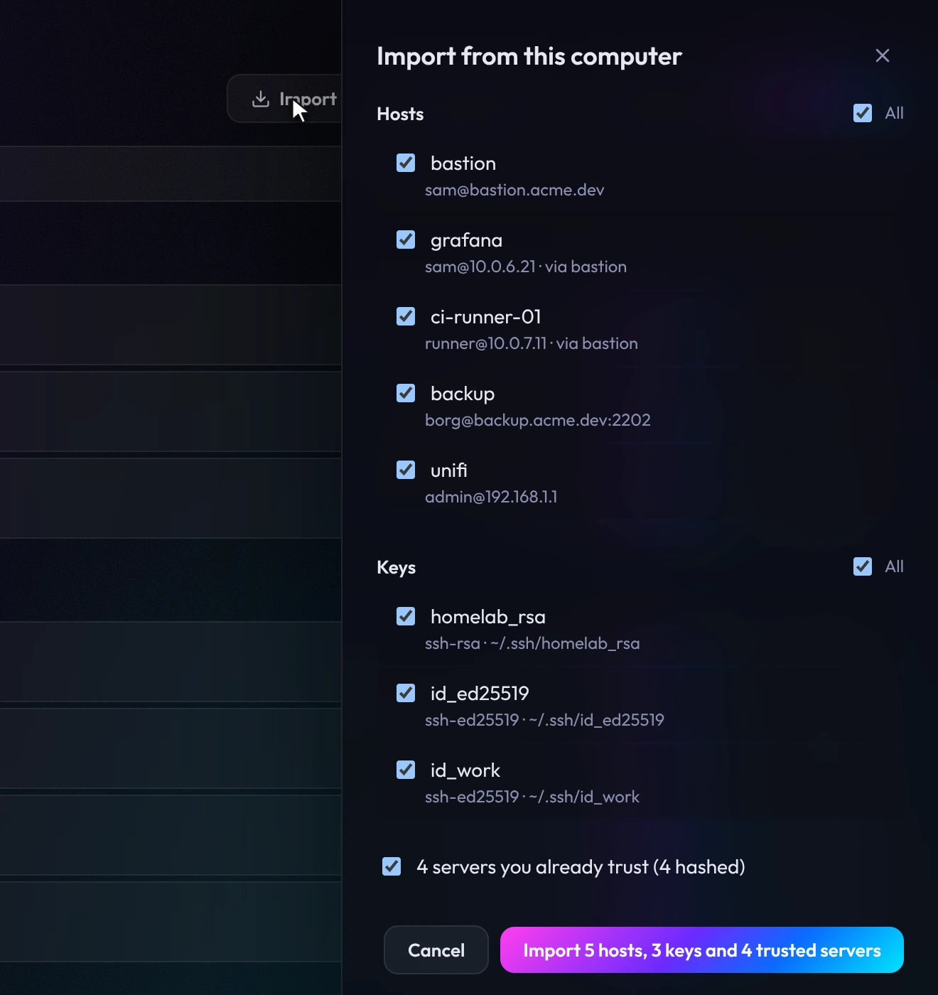 Import from this computer, listing hosts from ~/.ssh/config with their jump hosts, three private keys and four trusted servers, each with a checkbox.