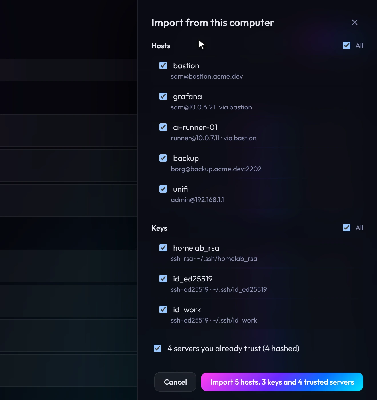 Import from this computer, listing hosts from ~/.ssh/config with their jump hosts, three private keys and four trusted servers, each with a checkbox.