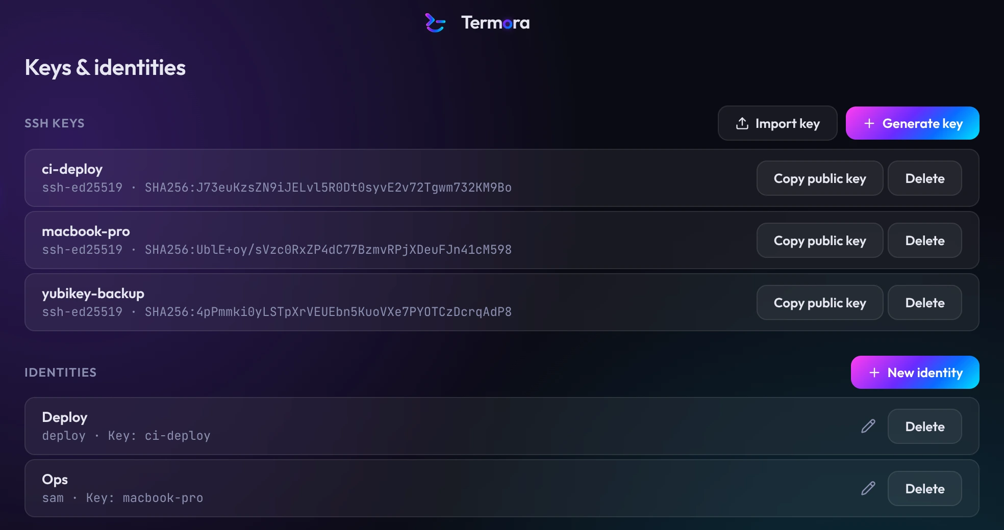The Keys page listing three Ed25519 keys with their fingerprints, and two identities that use them.