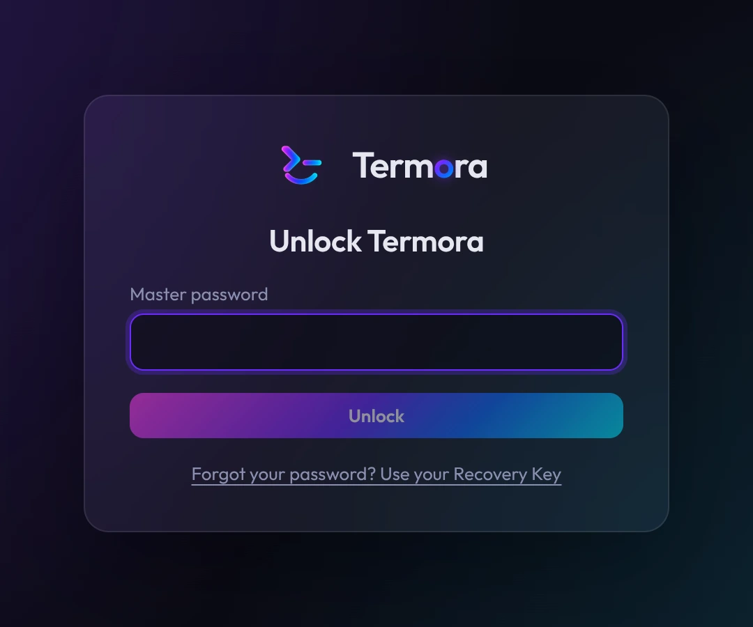 The Unlock Termora screen asking for the master password.