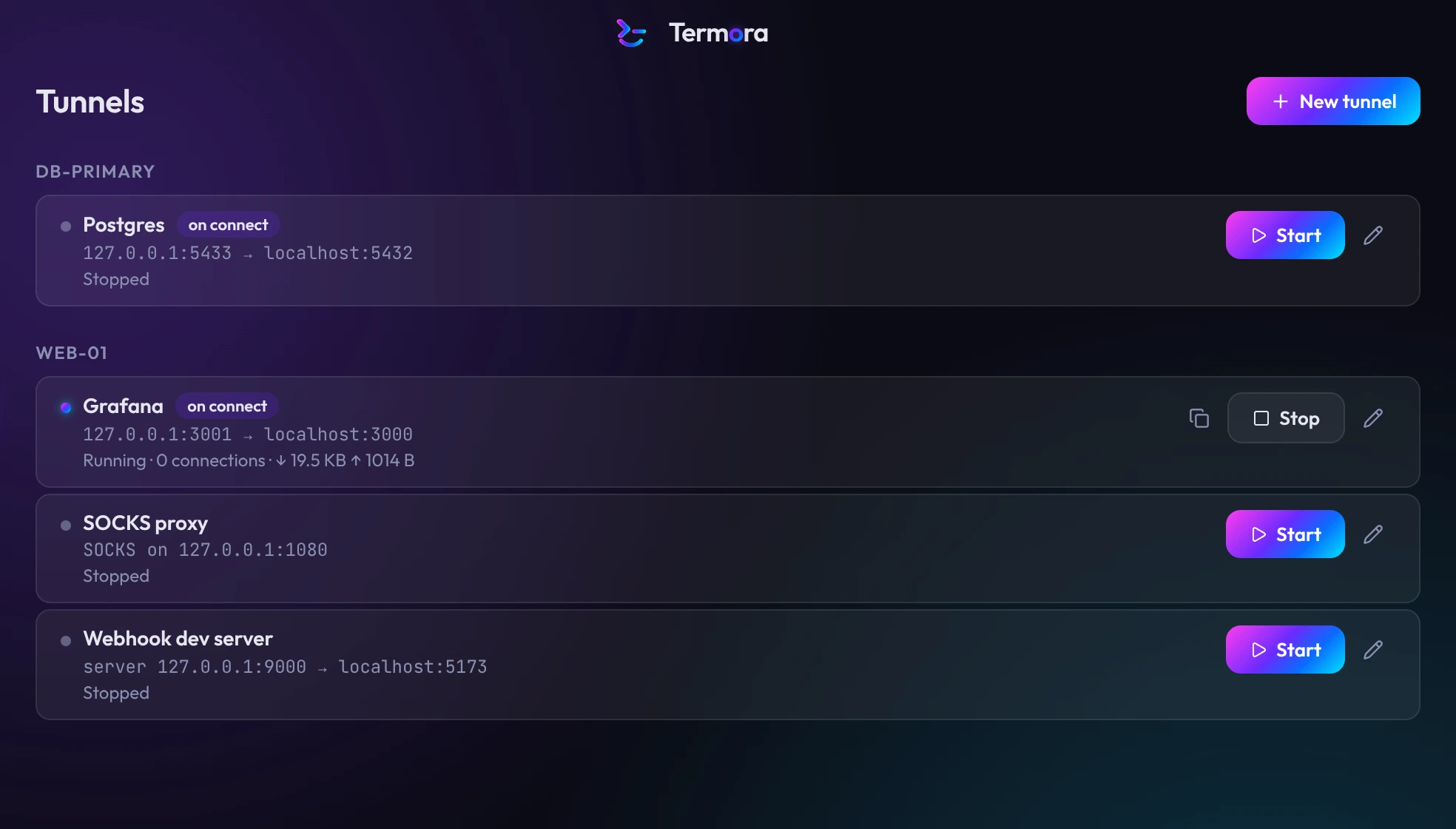 The Tunnels page listing Postgres, Grafana, SOCKS proxy and Webhook dev server tunnels by host, with Grafana running.